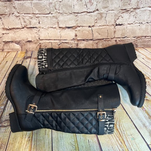 Global Win Quilted Black Buckle Side Zip Harness Block Heel Riding Boots 7.5 - Picture 4 of 8